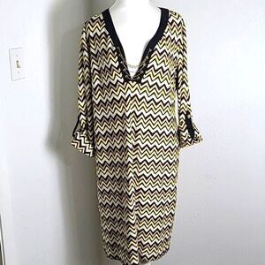 Emma & Michele Yellow & Black Zigzag Print Dress, Black Trim,Chain Neckline,Sz L